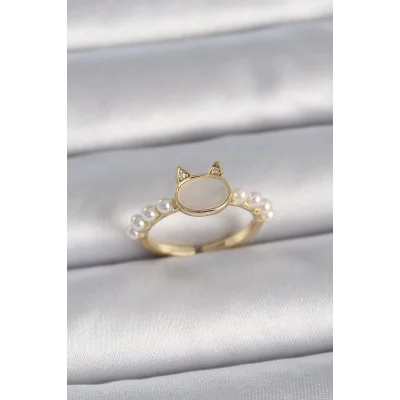 BUĞZ Pirinç Gold Renk Ayarlanabilir Beyaz Mineli Kedi Model İnci Detay Kadın Yüzük