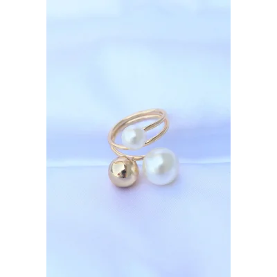 BUĞZ Pirinç Gold Renk Ayarlanabilir İnci Taşlı Yüzük - Lisinya