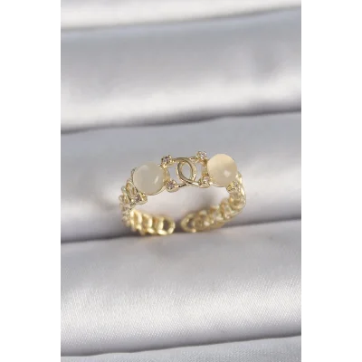 BUĞZ Pirinç Gold Renk Ayarlanabilir Zirkon Taşlı Beyaz Mineli Birleşik Halka Model Kadın Yüzük