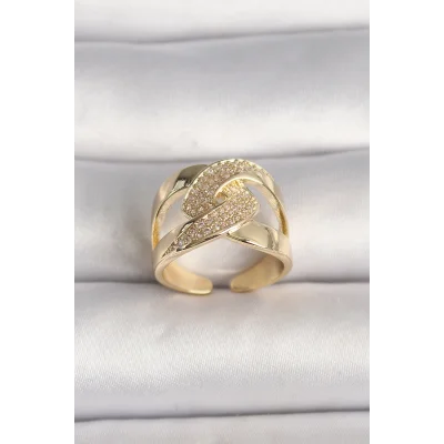 BUĞZ Pirinç Gold Renk Ayarlanabilir Zirkon Taşlı Kadın Yüzük
