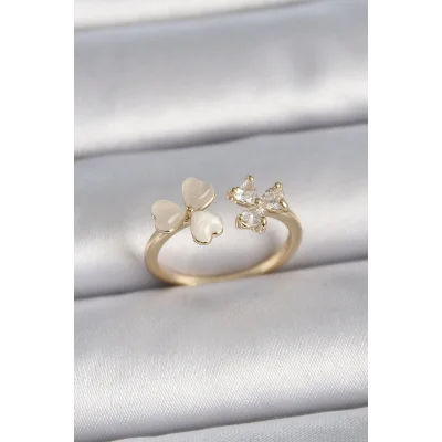 BUĞZ Pirinç Gold Renk Ayarlanabilir Zirkon Taşlı Kalp Beyaz Mineli Model Kadın Yüzük