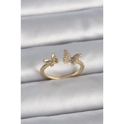 BUĞZ Pirinç Gold Renk Ayarlanabilir Zirkon Taşlı Kelebek Model Kadın Yüzük