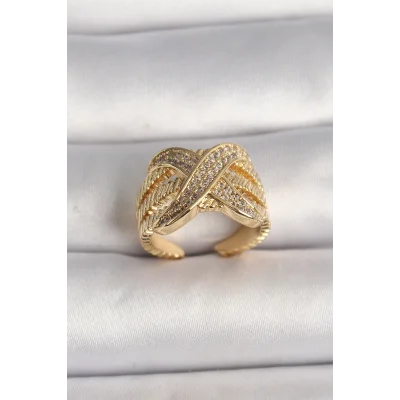 BUĞZ Pirinç Gold Renk Ayarlanabilir Zirkon Taşlı X Model Kadın Yüzük