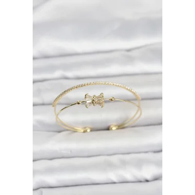 BUĞZ Pirinç Gold Renk Baget Zirkon Taşlı Objeli Kadın Bileklik