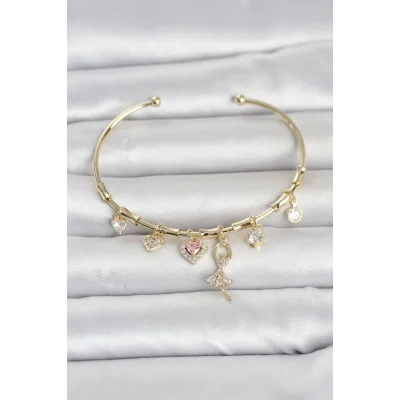 BUĞZ Pirinç Gold Renk Balerin Detay Charmlı Kadın Bileklik