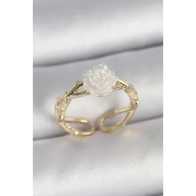 BUĞZ Pirinç Gold Renk Beyaz Gül Model Ayarlanabilir Kadın Yüzük