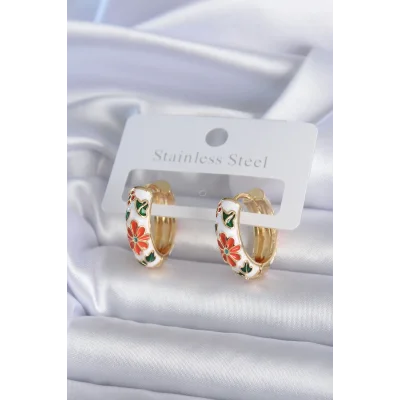 BUĞZ Pirinç Gold Renk Beyaz Renk Çiçek İşleme Detay Kadın Küpe