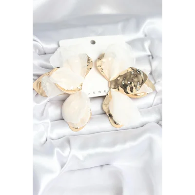 BUĞZ Pirinç Gold Renk Beyaz Tüllü Lotus Kadın Küpe