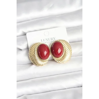 BUĞZ Pirinç Gold Renk Bordo Boncuklu Oval Vintage Kadın Küpe