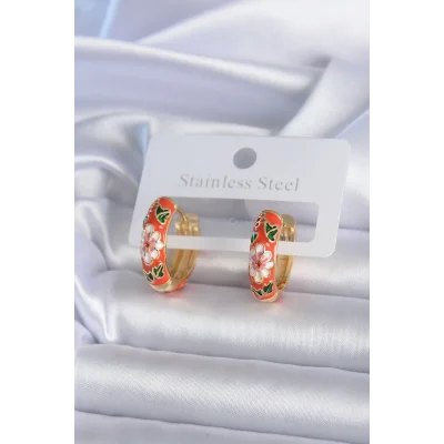 BUĞZ Pirinç Gold Renk Çiçek İşleme Turuncu Kadın Küpe