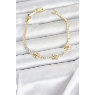 BUĞZ Pirinç Gold Renk Çiçek Model Zirkon Taşlı Su Yolu Kadın Bileklik
