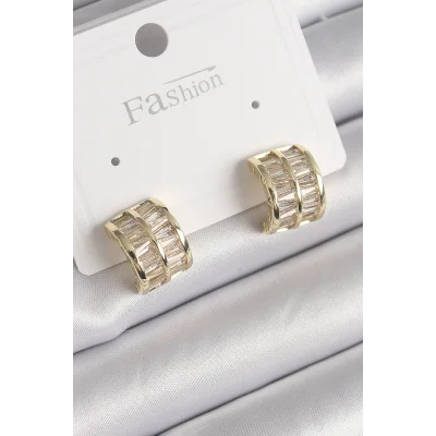 BUĞZ Pirinç Gold Renk Çift Sıra Zirkon Taşlı Kadın Küpe