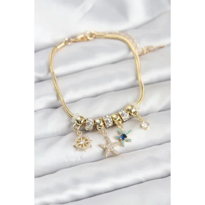BUĞZ Pirinç Gold Renk Deniz Tema Charmlı Kadın Bileklik