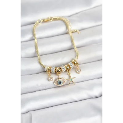 BUĞZ Pirinç Gold Renk Göz Model Charmlı Kadın Bileklik