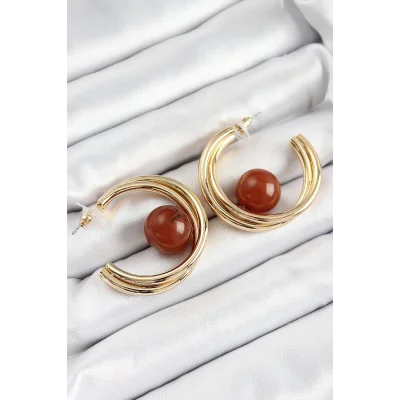BUĞZ Pirinç Gold Renk Halka Model Kahverengi Boncuk Detay Kadın Küpe - Lisinya
