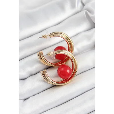 BUĞZ Pirinç Gold Renk Halka Model Kırmızı Boncuk Detay Kadın Küpe