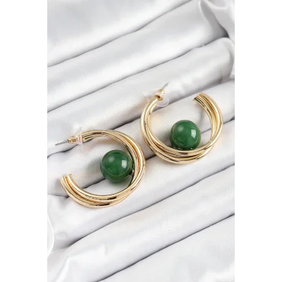BUĞZ Pirinç Gold Renk Halka Model Yeşil Boncuk Detay Kadın Küpe - Lisinya