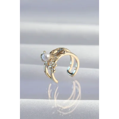 BUĞZ Pirinç Gold Renk İncili Ahtapot Earcuff Küpe - Lisinya