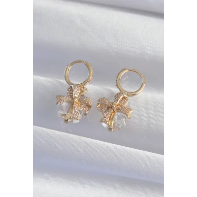 BUĞZ Pirinç Gold Renk İri Zirkon Taşlı Fiyonk Model Halka Küpe - Lisinya