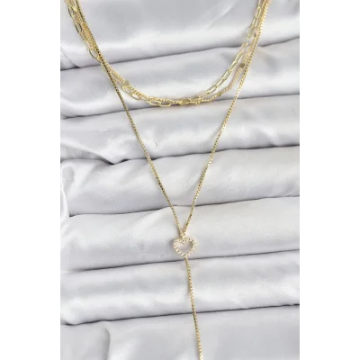 BUĞZ Pirinç Gold Renk Kalp Detaylı 3lü Kombin Y Kadın Kolye