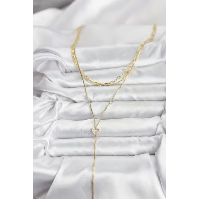 BUĞZ Pirinç Gold Renk Kalp Detaylı 3lü Kombin Y Kadın Kolye - Lisinya