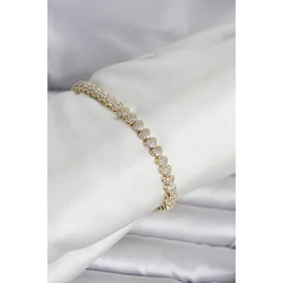 BUĞZ Pirinç Gold Renk Kalp Model Sıralı Zirkon Taşlı Kadın Bileklik