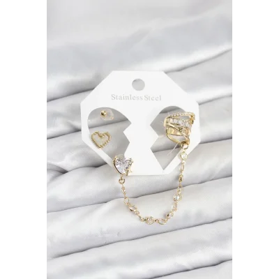 BUĞZ Pirinç Gold Renk Kalp Model Zincir Bağlantılı Ear Cuff Küpe Seti