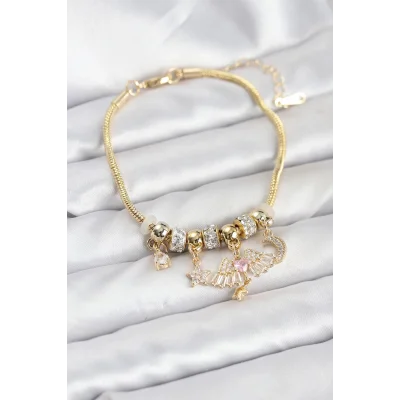 BUĞZ Pirinç Gold Renk Kanatlı Charmlı Kadın Bileklik