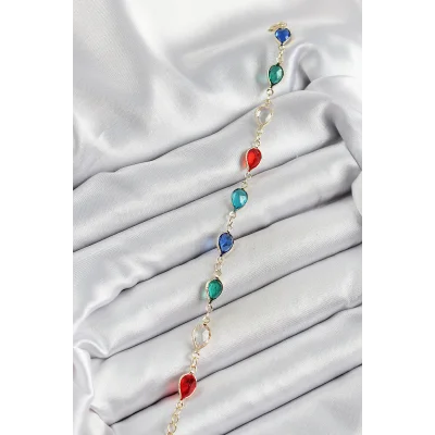 BUĞZ Pirinç Gold Renk Karışık Renk Damla Zirkon Taşlı Kadın Bileklik - Lisinya