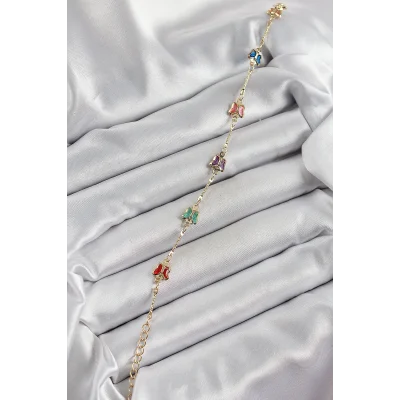 BUĞZ Pirinç Gold Renk Karışık Renk Kelebek Zirkon Taşlı Kadın Bileklik - Lisinya