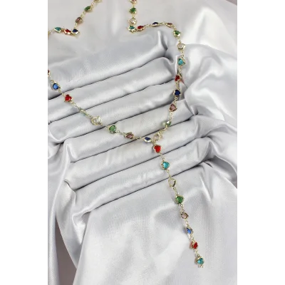 BUĞZ Pirinç Gold Renk Karışık Renk Zirkon Taşlı Kalpli Y Kadın Kolye