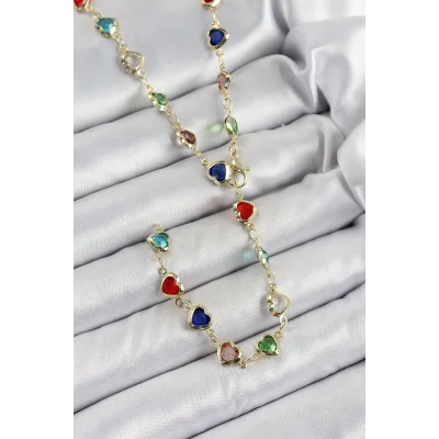 BUĞZ Pirinç Gold Renk Karışık Renk Zirkon Taşlı Kalpli Y Kadın Kolye - BUĞZ