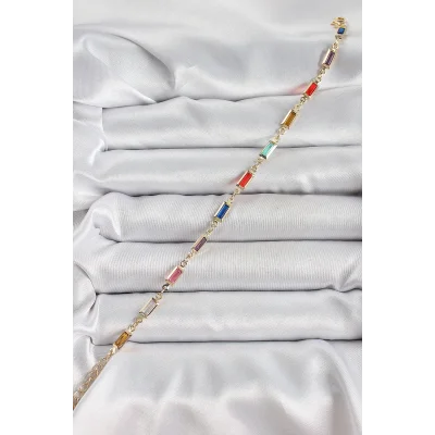 BUĞZ Pirinç Gold Renk Karışık Renkli Kare Zirkon Taşlı Kadın Bileklik - Lisinya