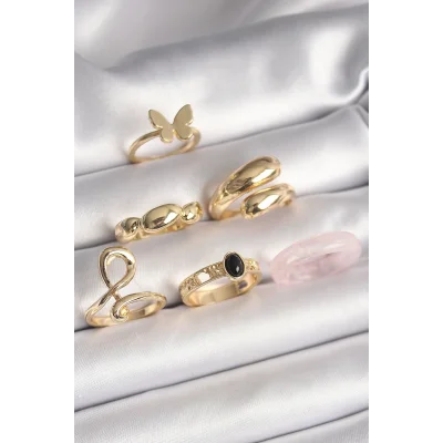 BUĞZ Pirinç Gold Renk Kelebek Figür Sarmal Model 6Lı Kadın Yüzük Seti