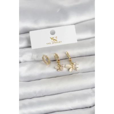 BUĞZ Pirinç Gold Renk Kelebek Model 3lü Kadın Küpe