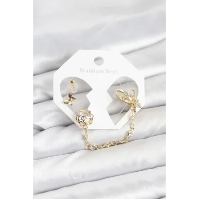 BUĞZ Pirinç Gold Renk Kelebekli Model Zincir Bağlantılı Ear Cuff Küpe Seti