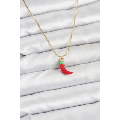BUĞZ Pirinç Gold Renk Kırmızı Kapya Biber Model Kadın Kolye