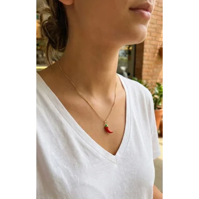 BUĞZ Pirinç Gold Renk Kırmızı Kapya Biber Model Kadın Kolye - Lisinya