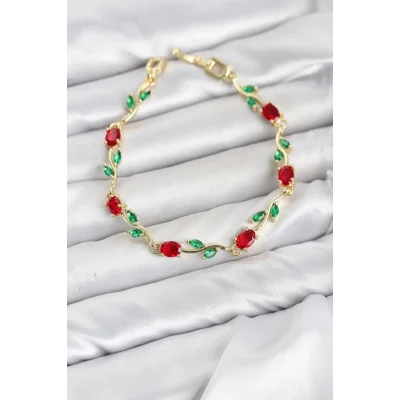 BUĞZ Pirinç Gold Renk Kırmızı Zirkon Taşlı Çiçek Model Kadın Bileklik