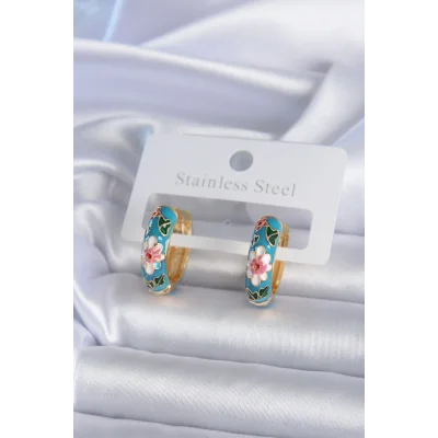 BUĞZ Pirinç Gold Renk Mavi Çiçek İşleme Detay Kadın Küpe