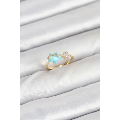BUĞZ Pirinç Gold Renk Mavi Yıldızlı Model Kadın Yüzük
