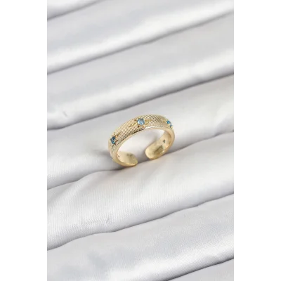 BUĞZ Pirinç Gold Renk Mavi Zirkon Taşlı Kutup Yıldızı Model Kadın Yüzük