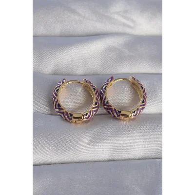 BUĞZ Pirinç Gold Renk Mor Etnik Desenli Halka Küpe