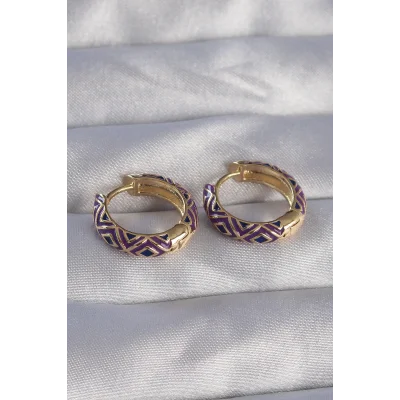BUĞZ Pirinç Gold Renk Mor Etnik Desenli Halka Küpe - Lisinya