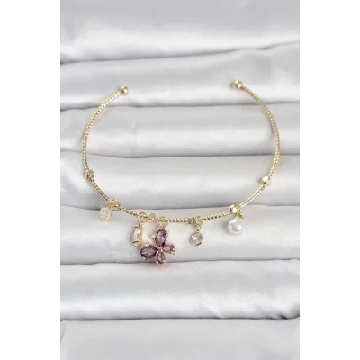 BUĞZ Pirinç Gold Renk Mor Kelebek Detaylı Charmlı Kadın Bileklik