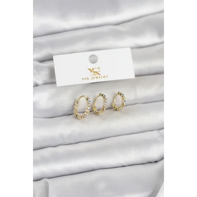 BUĞZ Pirinç Gold Renk Nazarlı Model 3lü Kadın Küpe