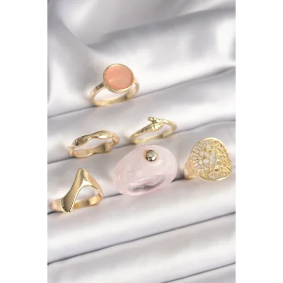 BUĞZ Pirinç Gold Renk Pembe Plastik Yüzük Model Daire Pembe Mine Yılan Detay 6Lı Kadın Yüzük Seti
