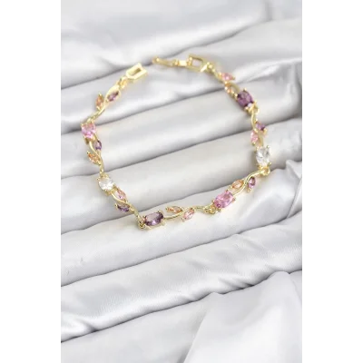 BUĞZ Pirinç Gold Renk Pembe ve Mor Zirkon Taşlı Çiçek Model Kadın Bileklik