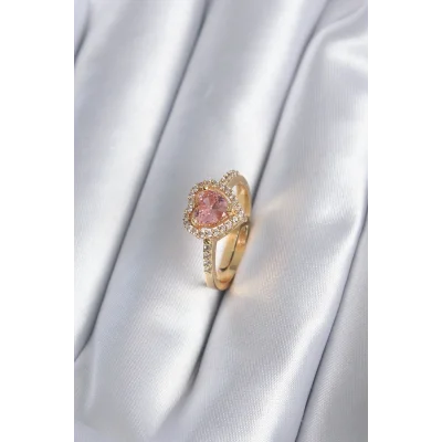 BUĞZ Pirinç Gold Renk Pembe Zirkon Taş Kalp Charm Model Kadın Yüzük