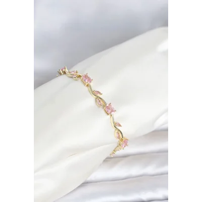 BUĞZ Pirinç Gold Renk Pembe Zirkon Taşlı Çiçek Model Kadın Bileklik